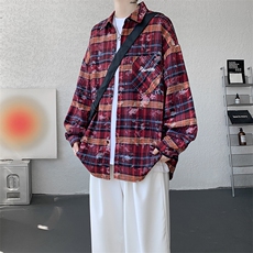 衬衫男秋季新款港风宽松大码格子扎染刺绣长袖衬衣CS3016-P38，男装衬衫，星座214-3