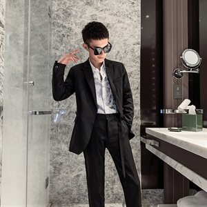 秋冬款纯色小西装半腰带双排扣社会小伙西服套装 A328-20332-P165图片