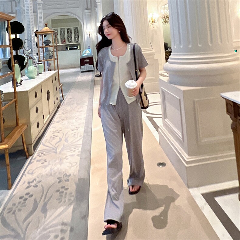 《现货48H》休闲短袖新款时尚假两件套装运动套装,女装套装/套裙,凯芙莉服饰