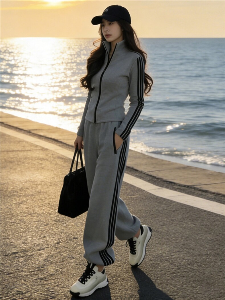韩版休闲运动套装女春季新款高级感显瘦立领卫衣时尚阔腿裤两件套,女装套装/套裙,江南