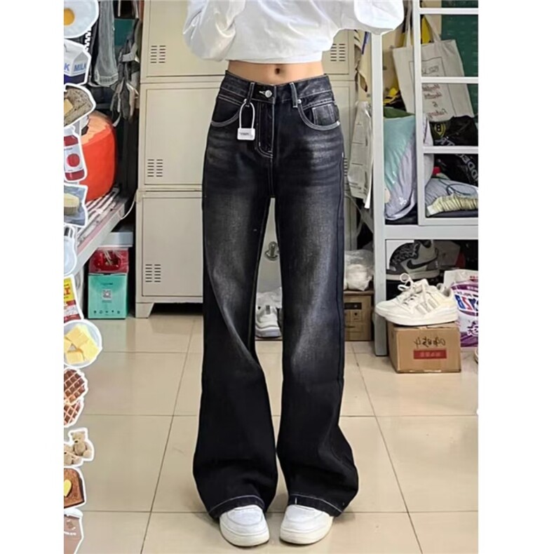 黑灰不贴腿微喇叭牛仔裤女2025春季新款低腰宽松阔腿显瘦直筒裤子,男装牛仔裤,星座1210-1