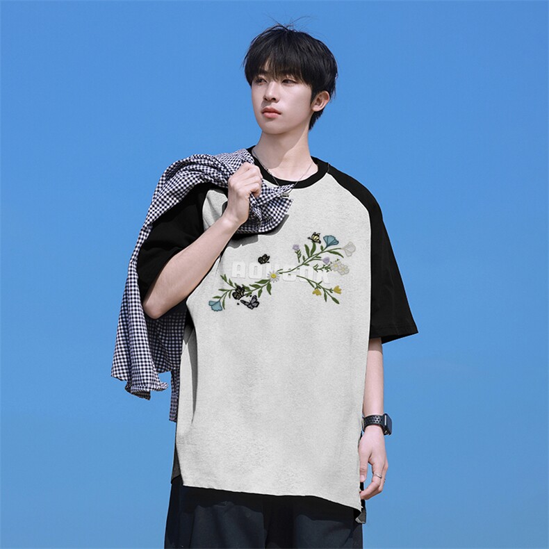 抖音得物高品质二开240克宽松纯棉美式潮牌插肩袖拼接短袖T恤，男装T恤，电商A486-1