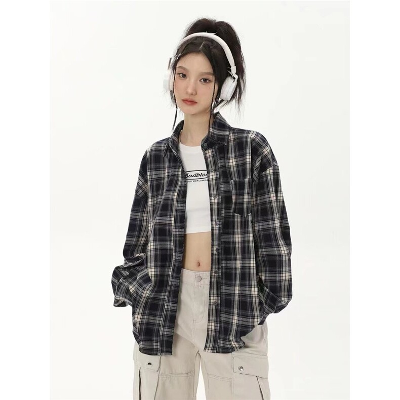 美式格子衬衫男女款春秋季2025新款宽松休闲长袖百搭衬衣复古外套，男装衬衫，星座1210-1