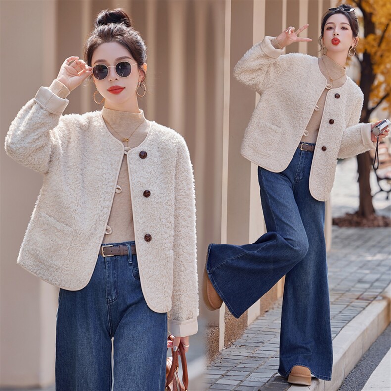 2024秋冬新款百搭圆领环保皮毛加厚长款毛绒一体外套,女装羊羔毛/颗粒绒,瑶迪依秀