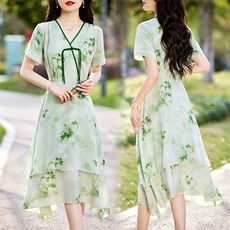 2024年夏季新款短袖盘扣调节腰印花竹子复古女装连衣裙，女装连衣裙，初闻兮