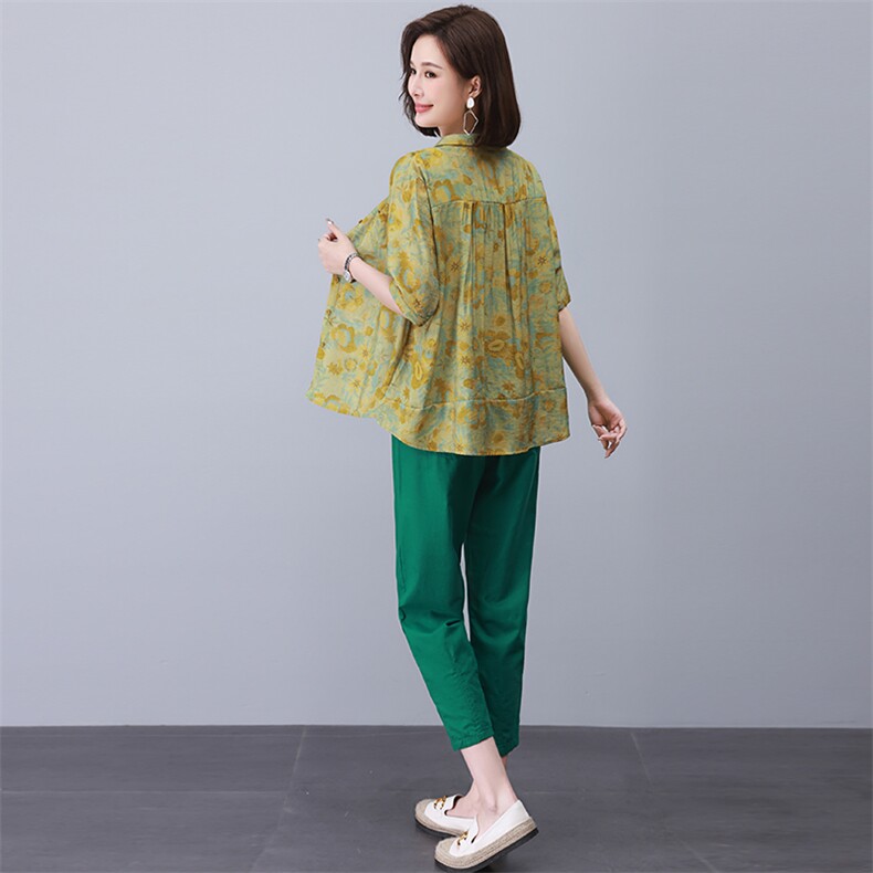 棉麻套装女夏季妈妈装2023新款宽松大码衬衫上衣夏天复古两件套，女装套装/套裙，涵誉