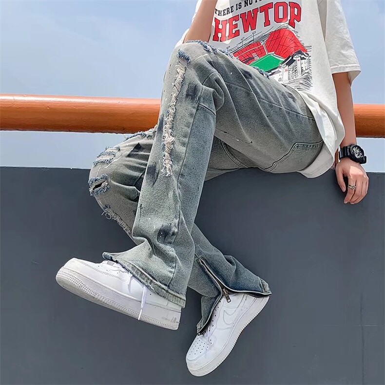 美式复古破洞牛仔裤男潮做旧补丁拉链修身直筒休闲长裤N8101-P47,男装牛仔裤,星座1116A-1（原606A）