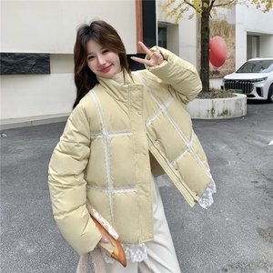 奶黄色蕾丝花边羽绒服女2025冬季新款韩系超好看加厚90白鸭绒外套图片