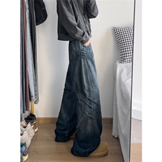 美式复古抓痕脏洗牛仔裤潮牌炸街痞帅宽松显瘦阔腿拖地裤子1111，男装牛仔裤，星座506