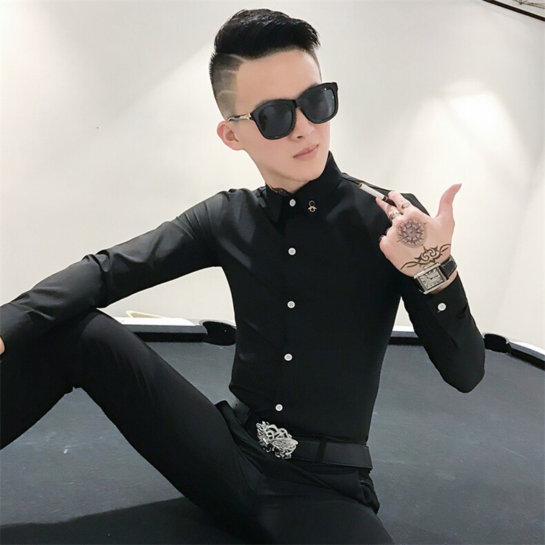 312A-732- P50社会风青年复古印花长袖衬衫韩版修身网红纯色衬衣B图片