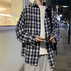 港风复古工装格子衬衫男秋冬季长袖潮宽松百搭衬衣休闲H216/P45，男装衬衫，钱塘713