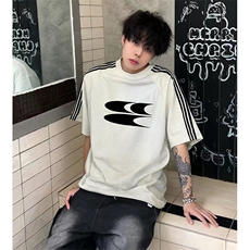 抖音得物品质二开240克宽松纯棉美式潮牌印花三条杠中性风短袖T恤，男装T恤，电商A486-1