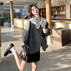 灰色蕾丝娃娃领外套女2025春季新款超好看甜美减龄木耳边拼接上衣，女装短外套，2C239