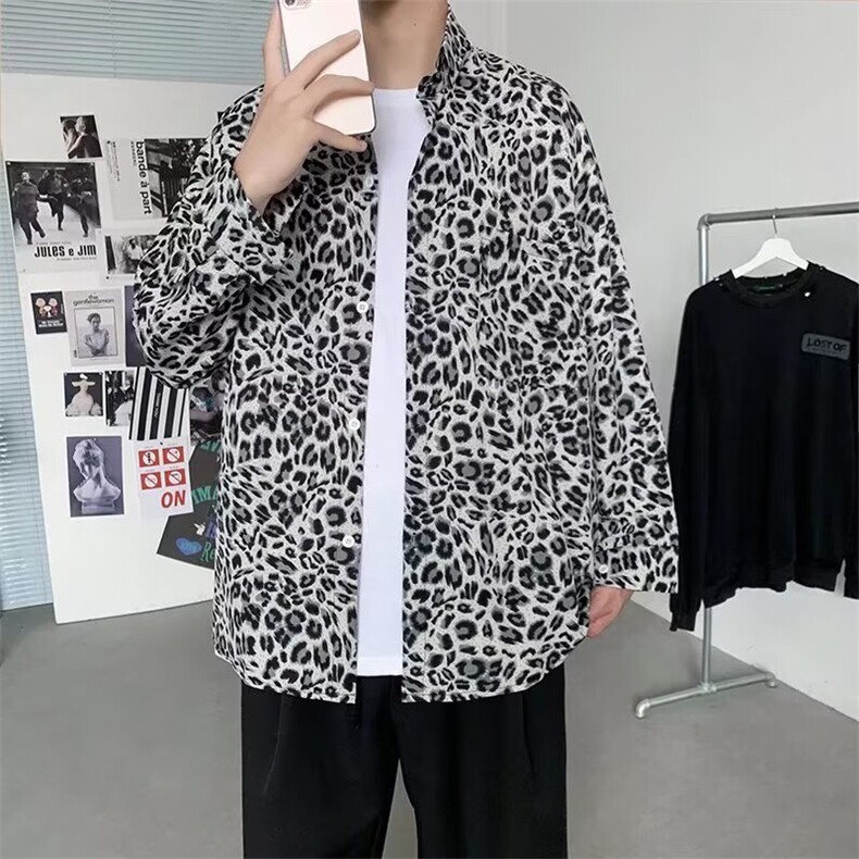 暗黑系豹纹衬衫男韩版潮流设计感上衣潮牌宽松痞帅衬衣CA173-P32,男装衬衫,星座208-5