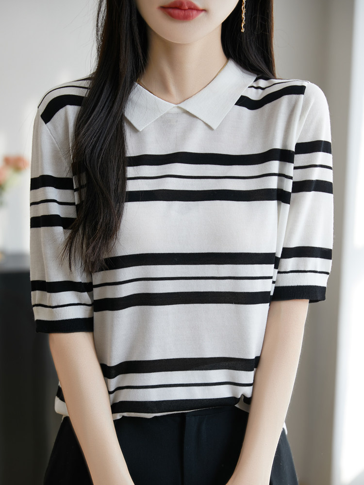 2025夏季翻领拼色条纹针织五分袖女POLO领薄款小个子正肩上衣T恤,女装T恤,大美人高端店