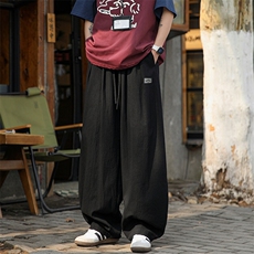 特批P40无差价25夏季薄款棉麻贴标宽松美式复古拖地弯刀裤男K5965，男装休闲套装，电商A001