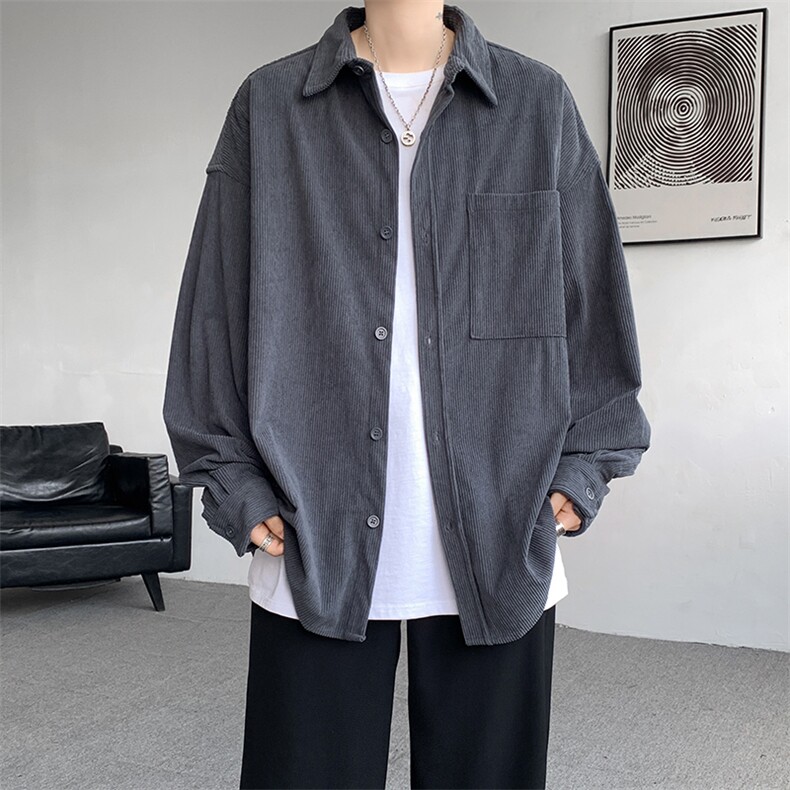 8XL-M灯芯绒衬衫特大码复古秋冬翻领长袖上衣纯色外套CS9001/P58,男装衬衫,电商B238