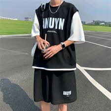 夏季一套搭配篮球运动服假两件华夫格短袖短裤套装男T1294-P42，男装T恤，星座512-2