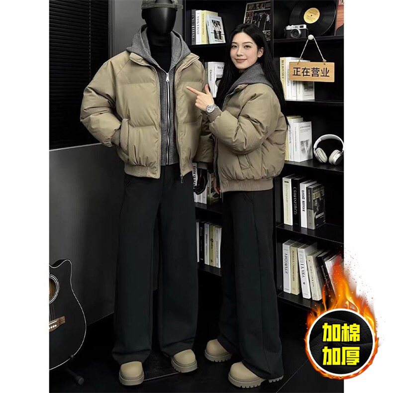现货高品质重磅工艺美式高街假两件PU皮棉衣男女加厚棉服外套,男装棉衣,电商A443
