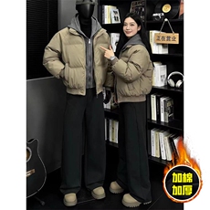 现货高品质重磅工艺美式高街假两件PU皮棉衣男女加厚棉服外套，男装棉衣，电商A443