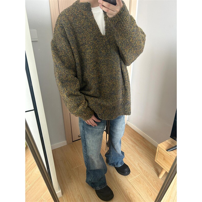 冬季复古百搭慵懒宽松大版型圣诞苔藓绿V领落肩毛衣男MY299,男装针织衫/毛衣,星座1116A（原606A-3）