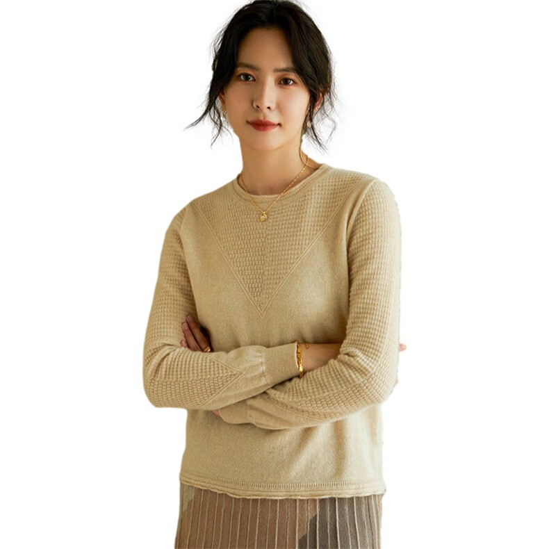 时尚百搭舒适山羊绒圆领毛衣秋冬新款显瘦华夫格针织衫,女装羊绒衫,绒美人羊绒