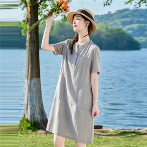 现货2026年夏季天丝提花连衣裙女V领半开扣短袖宽松透气中长裙图片
