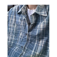 复古纯棉蓝色格子衬衫男设计感cleanfit短袖衬衣外套夏季C691，男装衬衫，星座1116A（原606A-3）