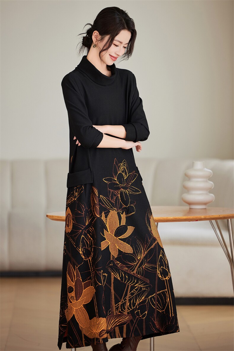 中老年妈妈春秋装中长连衣裙2024新款太宽松提花印花大码长裙,女装连衣裙,缘衣格