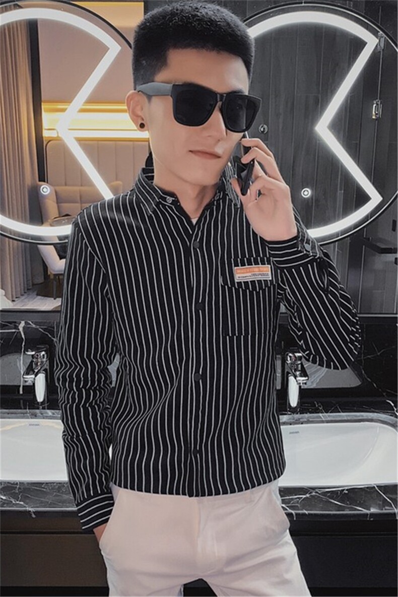 秋季条纹弹力长袖修身衬衫社会小伙休闲潮男衬衣C301B-CS06特,男装衬衫,电商C301B