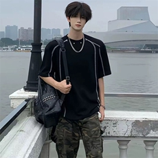 抖音得物二开240克宽松纯棉美式高街痞帅金属扣辑明线短袖T恤，男装T恤，电商A486-1