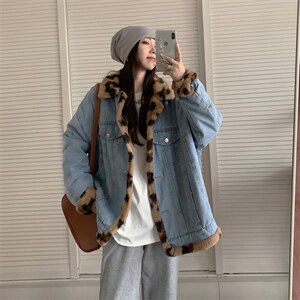 复古chic两面穿牛仔外套女冬加厚酷女孩穿搭兔毛气质豹纹大衣,心爱的女孩穿搭微胖图片