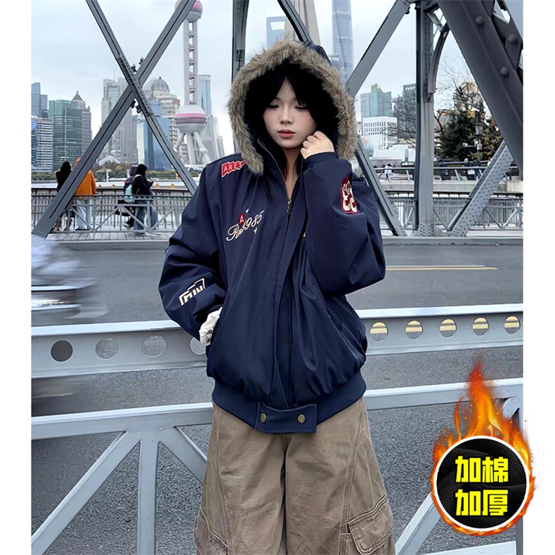 现货高品质美式高街重磅刺绣座山雕大毛毛领棉衣男女加厚棉服外套,男装棉衣,电商A486-1