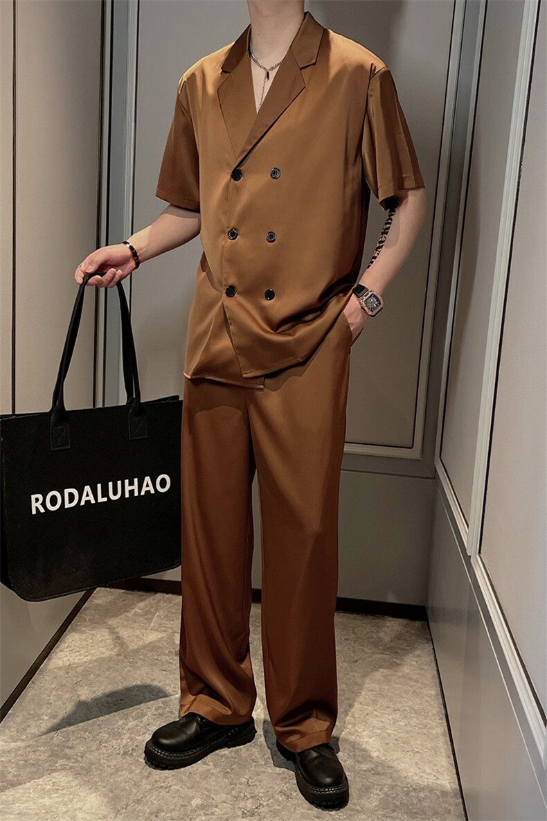 夏季绸缎薄款休闲西服套装男短袖衬衣长裤两件套TZ217-P130控165,男装T恤,电商B267