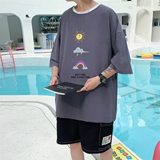 YT26141-P30亚短袖t恤男大码五分袖男宽松七分袖港风模特，男装T恤，电商A040