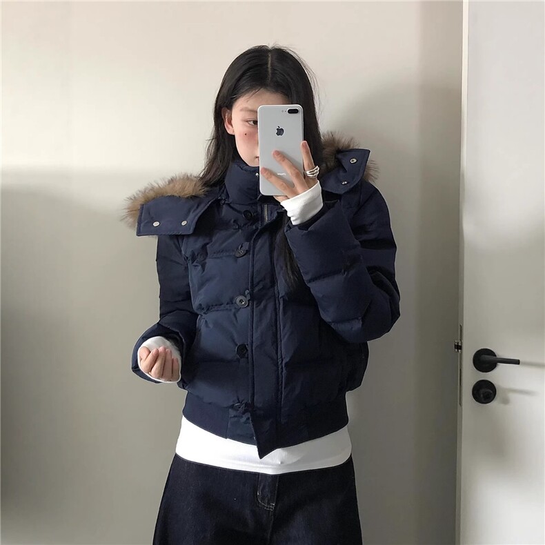 现货 藏青色连帽短款加厚棉服女0206/P85图片