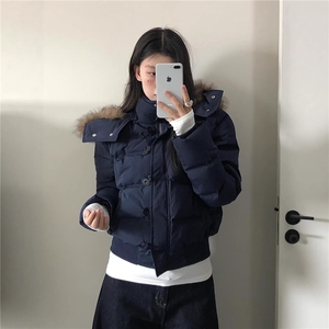 现货 藏青色连帽短款加厚棉服女0206/P85图片