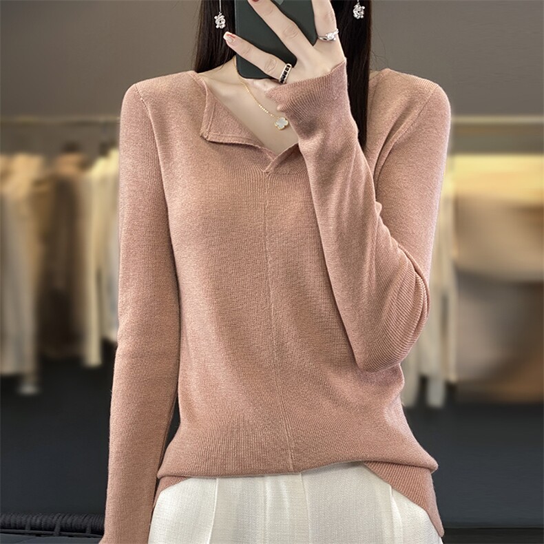 V领6%羊毛针织衫女2024秋季新款内搭打底衫长袖修身显瘦,女装羊毛衫,越洋羊