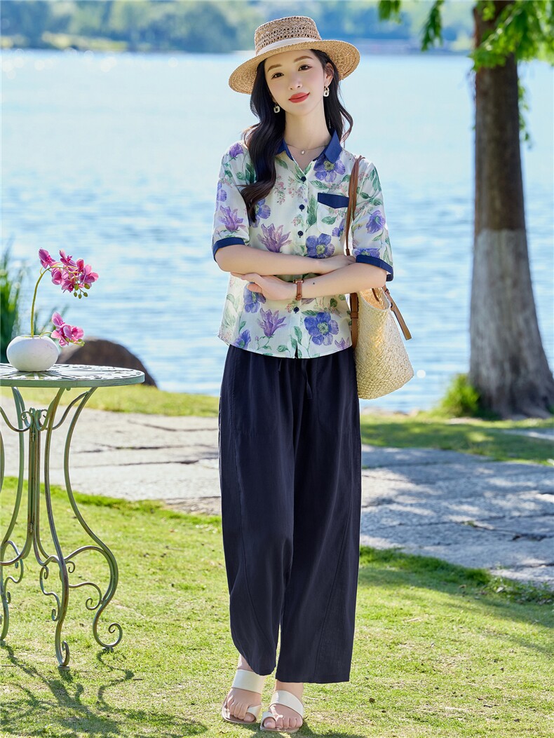 2026年夏季休闲时尚翻领印花上衣衬衫裤子套装两件套女,女装套装/套裙,依路服饰