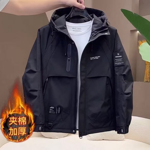 流行工装连帽新款2025男士冲锋衣棉衣男时尚流行防风百搭上衣外套
