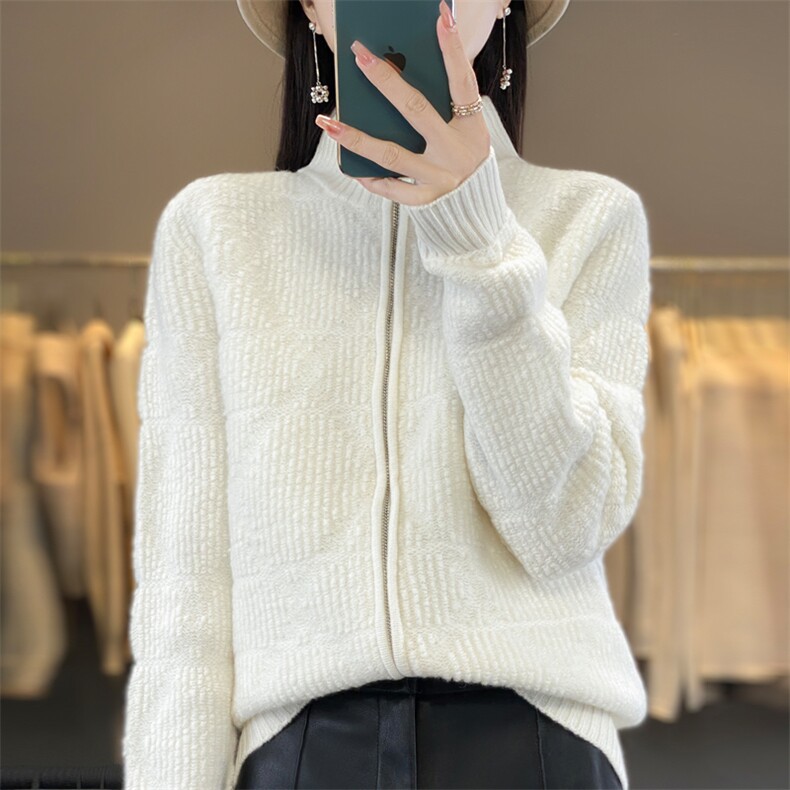 秋冬新款羊毛加厚立领拉链开衫女宽松显瘦保暖毛衣外套,女装羊毛衫,忠诺羊绒