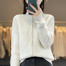 秋冬新款羊毛加厚立领拉链开衫女宽松显瘦保暖毛衣外套，女装羊毛衫，忠诺羊绒