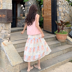 蝴蝶结系带背心上衣清新印花半身裙套装女2025年夏季氛围感两件套，女装套装/套裙，2C201