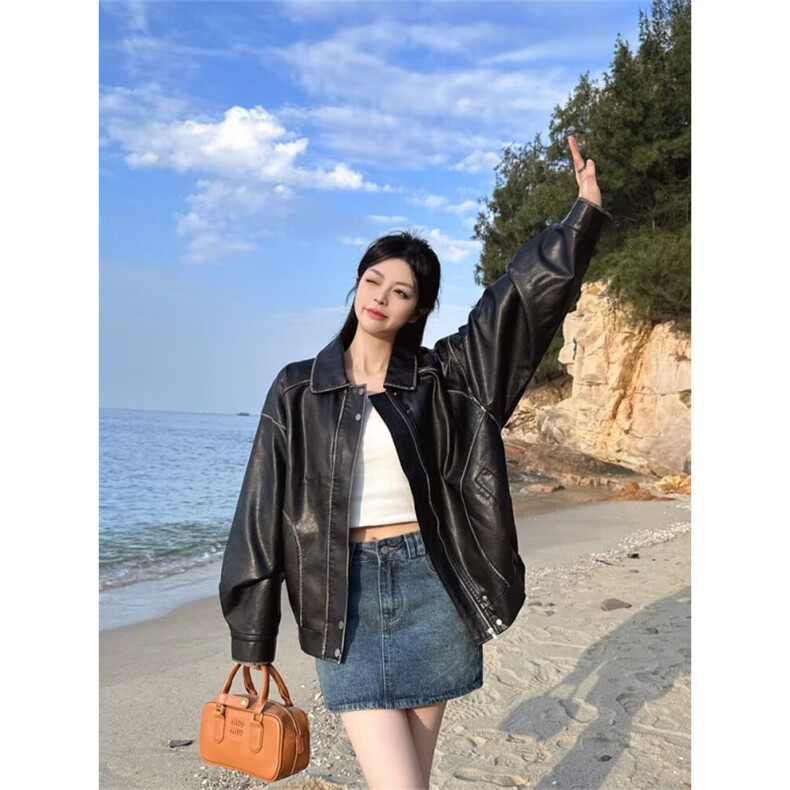 复古短款皮衣外套秋冬2025新款美式机车夹克上衣潮Y1022-P90网图图片