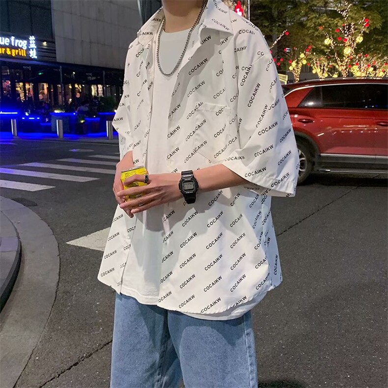 文艺男女店七分袖衬衫男夏季韩版港风ins潮宽松短袖外套休闲衬衣,男装T恤,星座516A