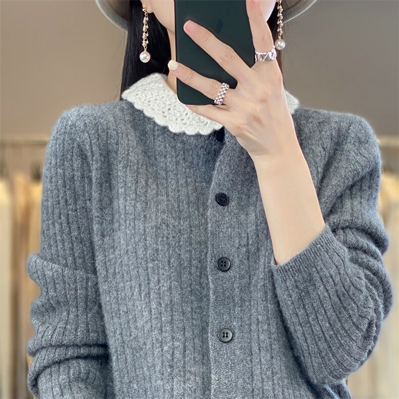 女士白色娃娃领羊毛开衫羊毛简约时尚,女装羊毛衫,臻维羊绒