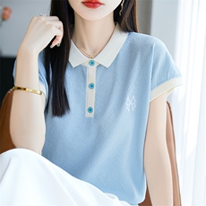 夏季新款POLO领短袖女宽松半袖背心拼色T恤上衣休闲外搭简约显瘦，女装T恤，皓宇羊绒