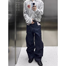 拼接牛仔裤男秋季新款大码胖mm高腰宽松显瘦阔腿长裤NZB3178，男装牛仔裤，星座516A