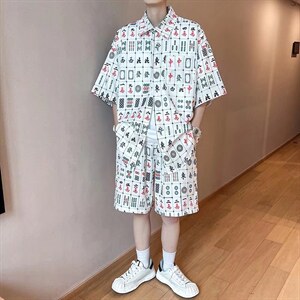 2023夏季新款个性ins风麻将大码潮印花短袖短裤套装TN01P43图片