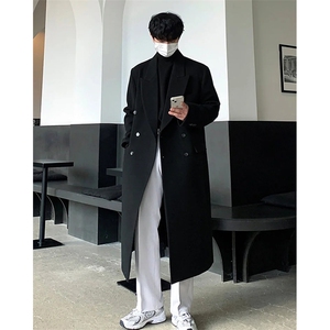 原版~韩系秋冬黑色毛呢大衣男休闲正肩过膝长款风衣外套Y982-P125图片